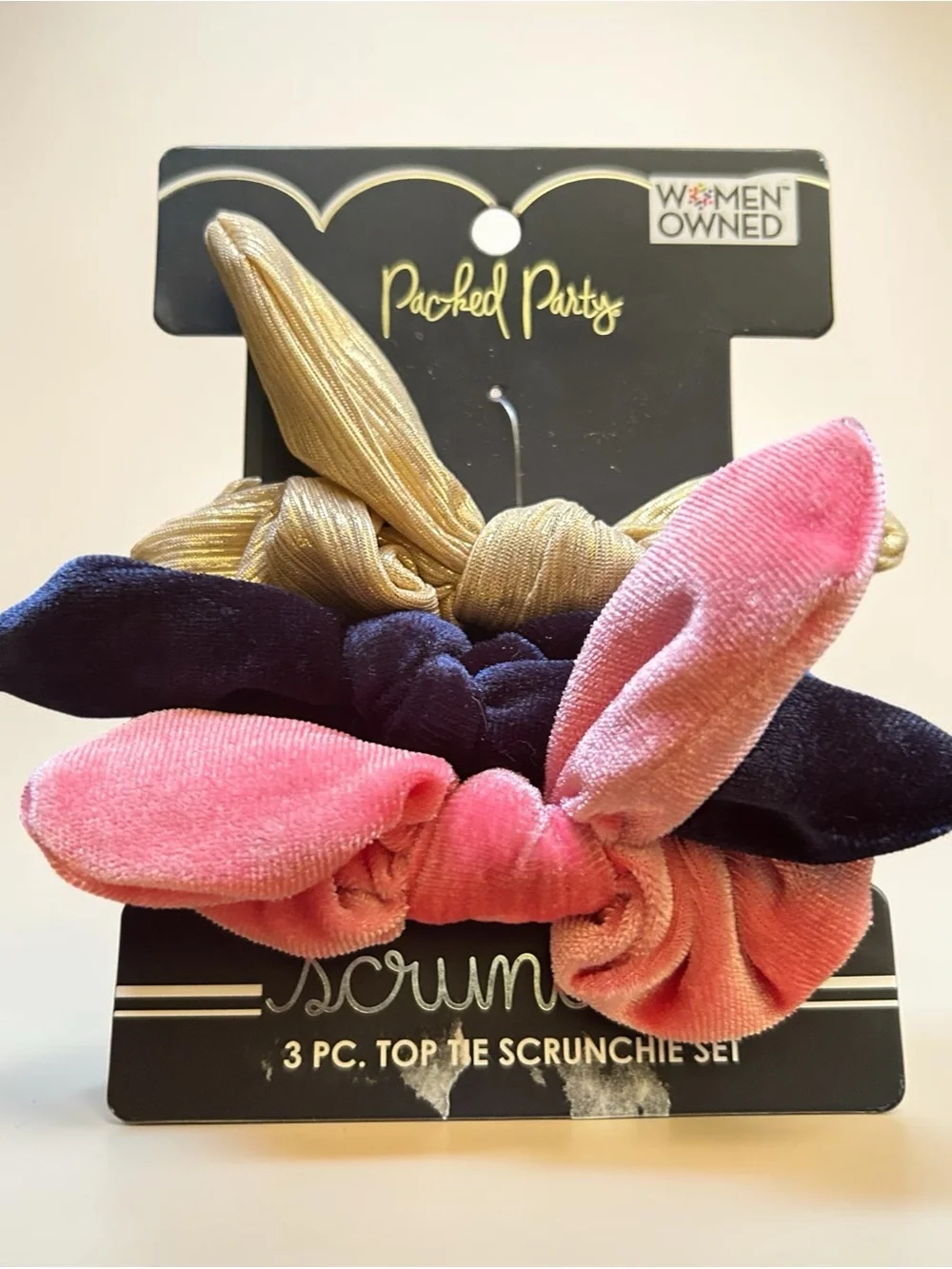 4/$20 Packed Party Pink, Navy & Gold Velvet Top Tie Scrunchie Set